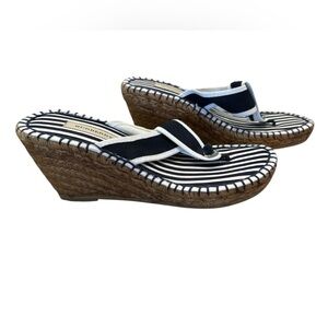 Burberry Women’s Vintage Navy Blue White Nautical‎ Stripe Rattan Wedges Size 35
